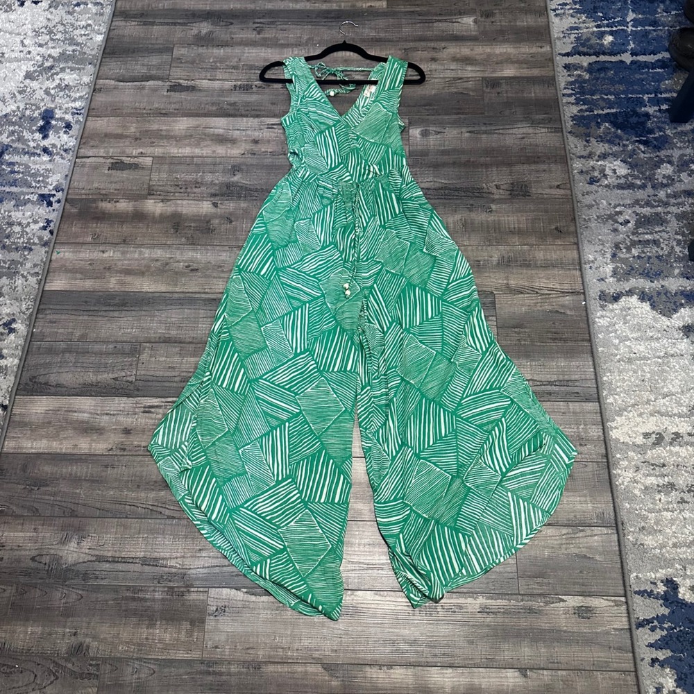 Band of the Free Green Geometric Print Wide Leg Jumpsuit Side Cutouts Womens S - Picture 6 of 6